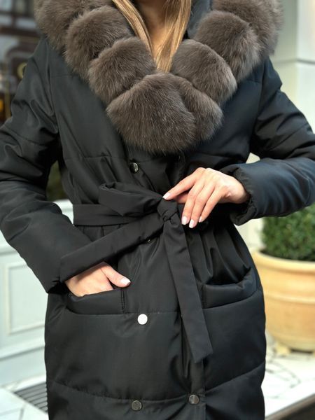 Black long down jacket with Finnish fox fur in dark sable