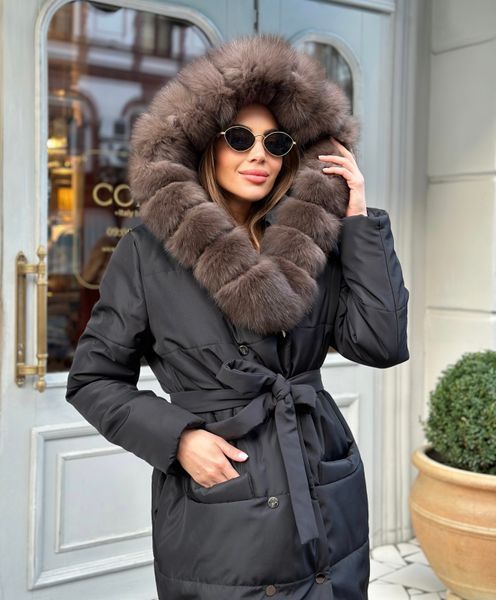 Black long down jacket with Finnish fox fur in dark sable