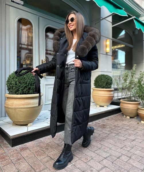 Black long down jacket with Finnish fox fur in dark sable