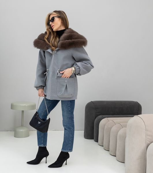 Noir cashmere grey parka with Finnish fox fur in Dark sable