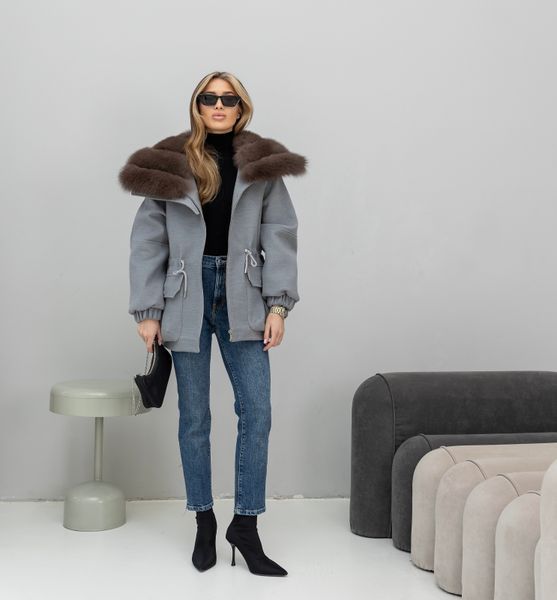 Noir cashmere grey parka with Finnish fox fur in Dark sable