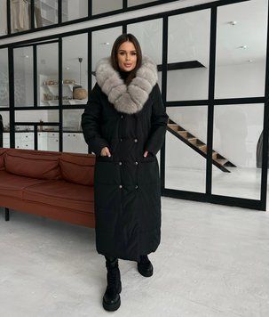 Black long down jacket with Finnish fox fur in light sable