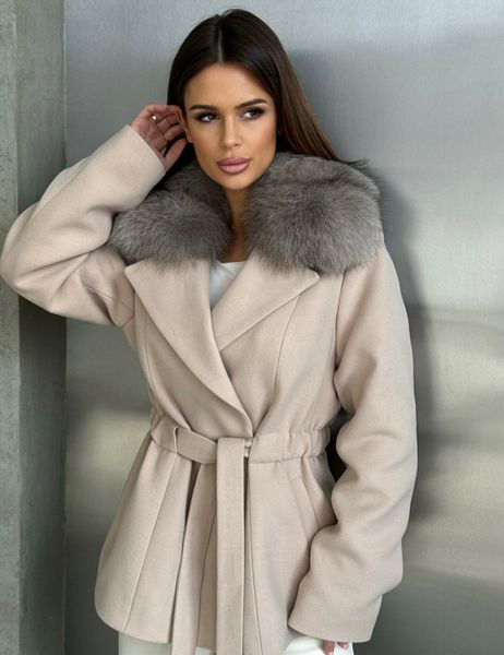 Пальто кашемір Bella бежеве з хутром Фінського Песця SA-BELLA-BEIGE фото