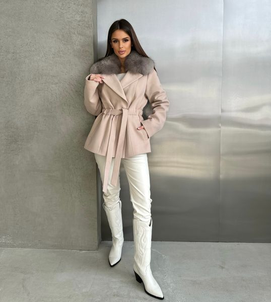 Пальто кашемір Bella бежеве з хутром Фінського Песця SA-BELLA-BEIGE фото