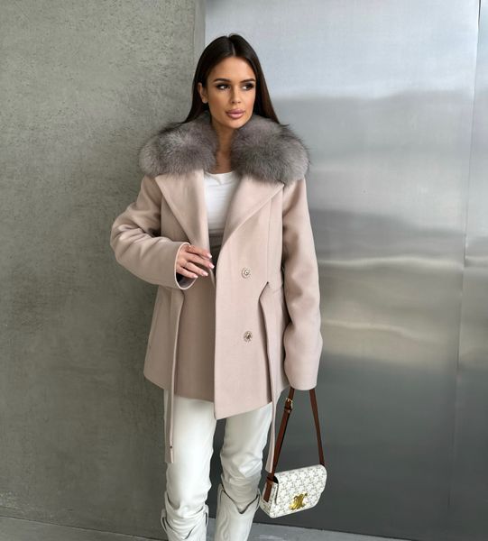 Пальто кашемір Bella бежеве з хутром Фінського Песця SA-BELLA-BEIGE фото