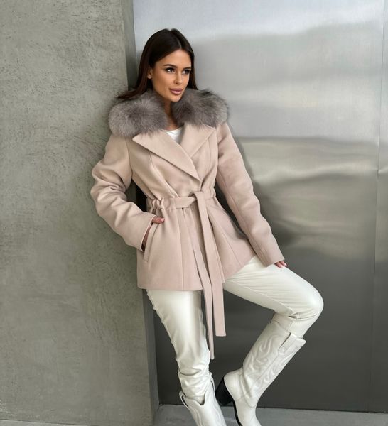 Пальто кашемір Bella бежеве з хутром Фінського Песця SA-BELLA-BEIGE фото