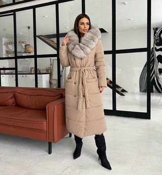Biege long down jacket with Finnish fox fur in light sable