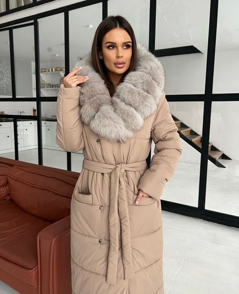 Biege long down jacket with Finnish fox fur in light sable
