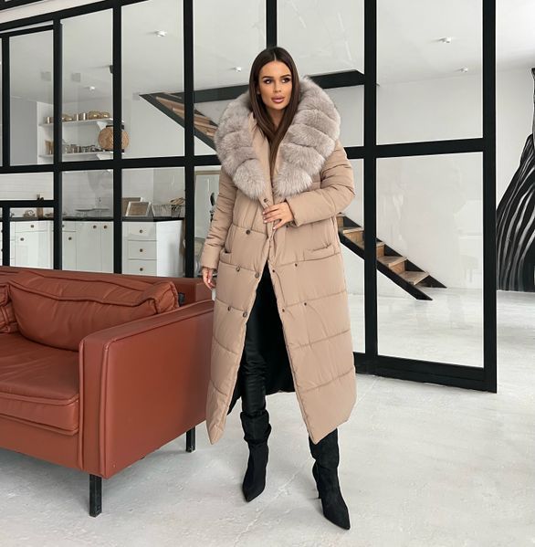 Biege long down jacket with Finnish fox fur in light sable