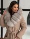 Biege long down jacket with Finnish fox fur in light sable