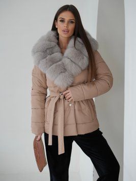 Quilted beige jacket Emily with Finnish fox fur