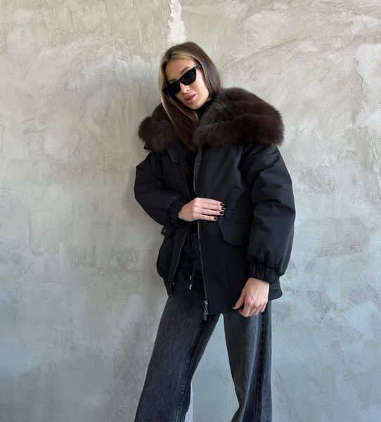 Noir black parka with Finnish fox fur in Dark sable