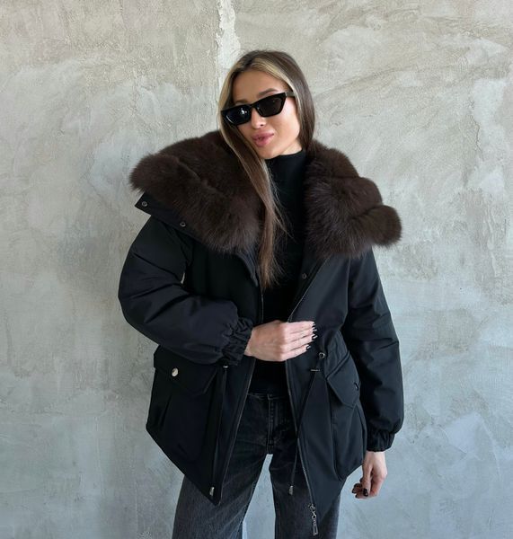 Noir black parka with Finnish fox fur in Dark sable