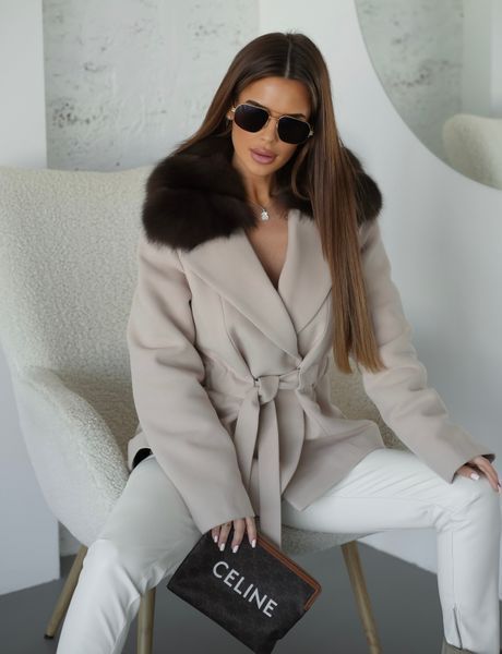 Bella beige cashmere coat with dark Finnish Fox fur