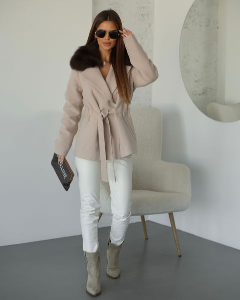 Bella beige cashmere coat with dark Finnish Fox fur
