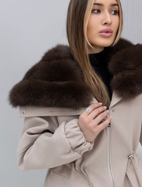 Noir cashmere biege parka with Finnish fox fur in Dark sable