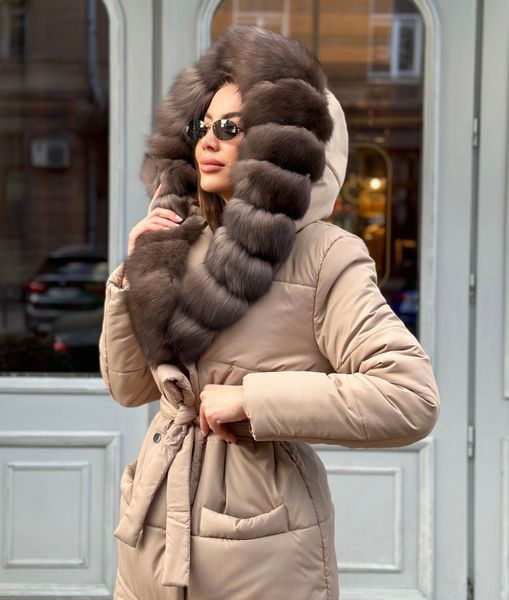 Biege long down jacket with Finnish fox fur in dark sable