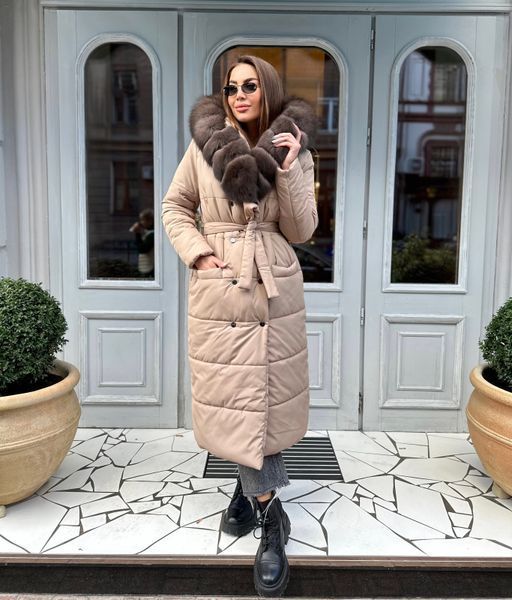 Biege long down jacket with Finnish fox fur in dark sable