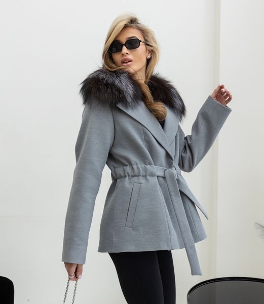 Пальто кашемір Bella сіре з хутром Чорнобурки SA-BELLA-GREY-BLACK-FOX фото