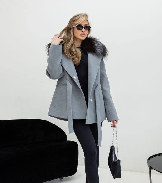 Пальто кашемір Bella сіре з хутром Чорнобурки SA-BELLA-GREY-BLACK-FOX фото