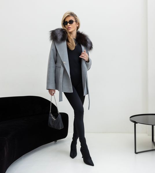 Пальто кашемір Bella сіре з хутром Чорнобурки SA-BELLA-GREY-BLACK-FOX фото