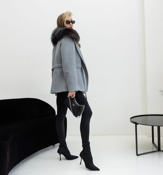 Пальто кашемір Bella сіре з хутром Чорнобурки SA-BELLA-GREY-BLACK-FOX фото