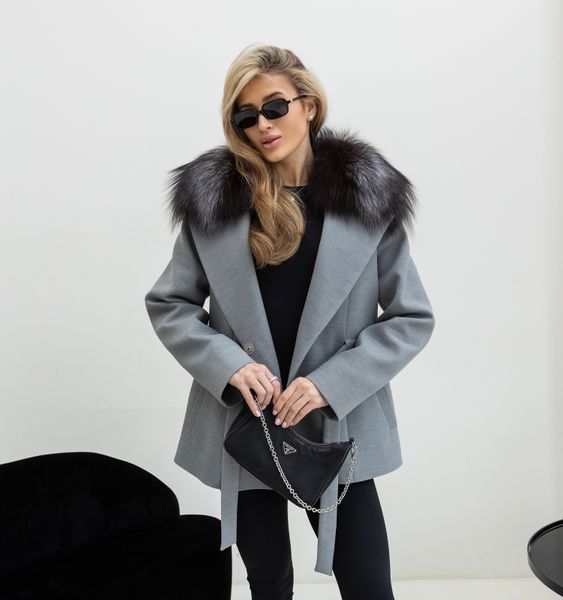 Пальто кашемір Bella сіре з хутром Чорнобурки SA-BELLA-GREY-BLACK-FOX фото